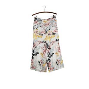 C&C California Wide Leg Linen Pull On Cropped Pants White Tropical Floral Size S